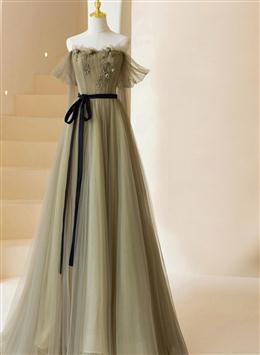 Picture of Light Green Tulle Off Shoulder with Flowers A-line Prom Dresses, Green Evening Gowns